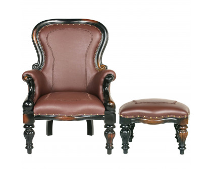 Toscano™ Victorian-Style Wing Chair with Ottoman - Brown, Faux Leather