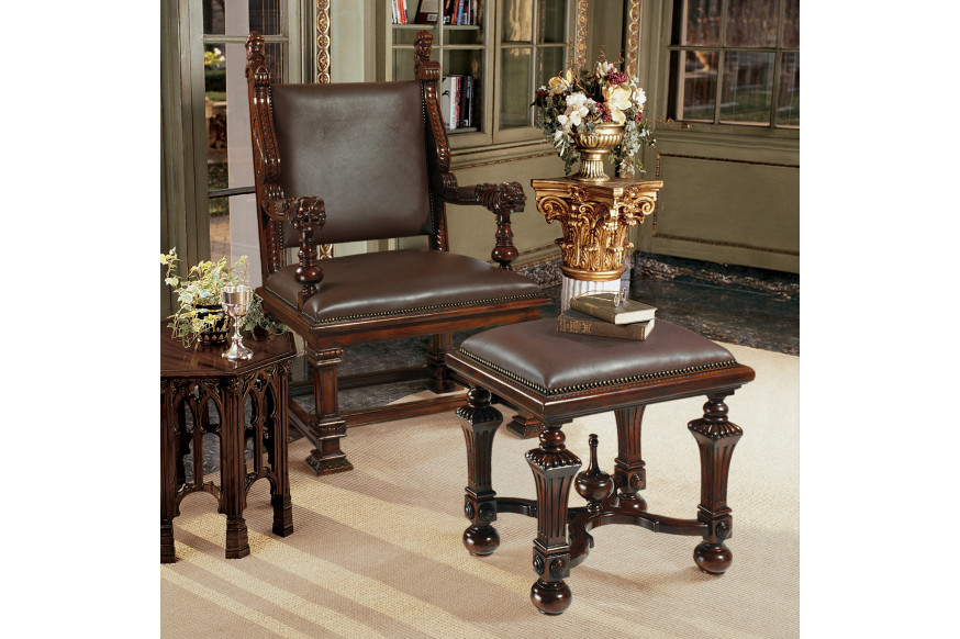 Toscano™ Lord Cumberland Throne Chair with Footstool - Cherry, Leather/Mahogany