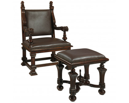 Toscano™ Lord Cumberland Throne Chair with Footstool - Cherry, Leather/Mahogany