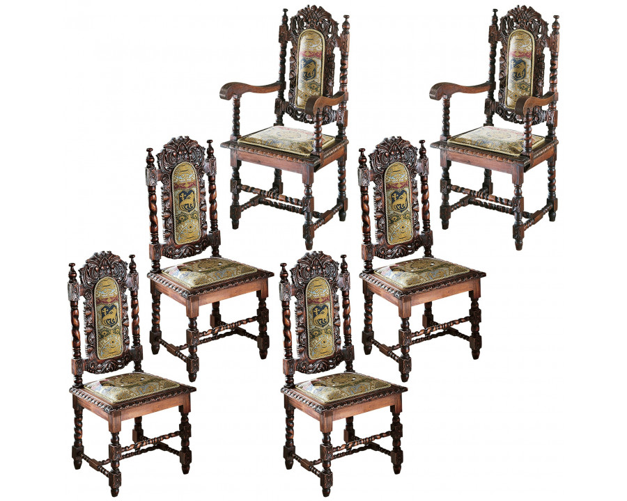 Toscano - Set of 6 Charles II Chairs in Fabric/Mahogany