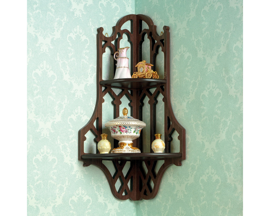 Toscano - Canterbury Cathedral Gothic Corner Wall Shelf in Walnut, Hardwood