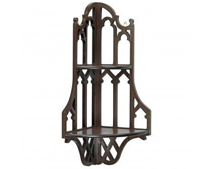 Toscano - Canterbury Cathedral Gothic Corner Wall Shelf in Walnut, Hardwood