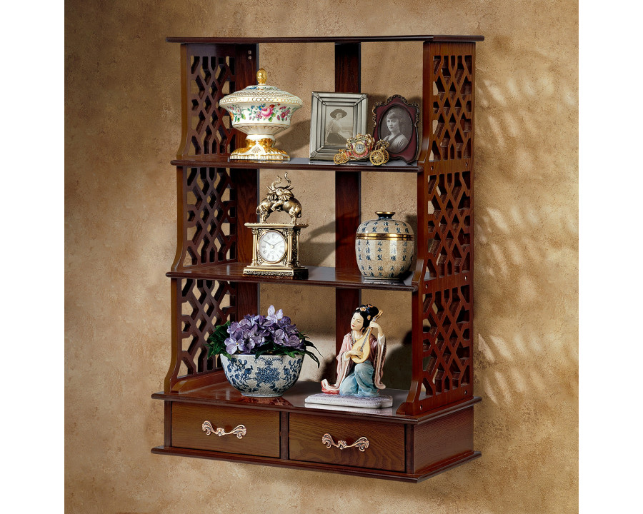 Toscano - Chinese Chippendale-Style 3-Shelf Wall Curio Cabinet in Walnut, Hardwood