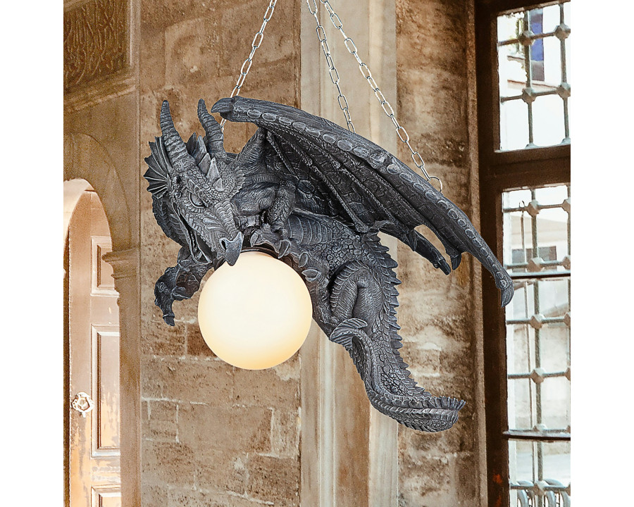 Toscano - Nights Fury Sculptural Hanging Dragon Lamp in Greystone, Designer Resin