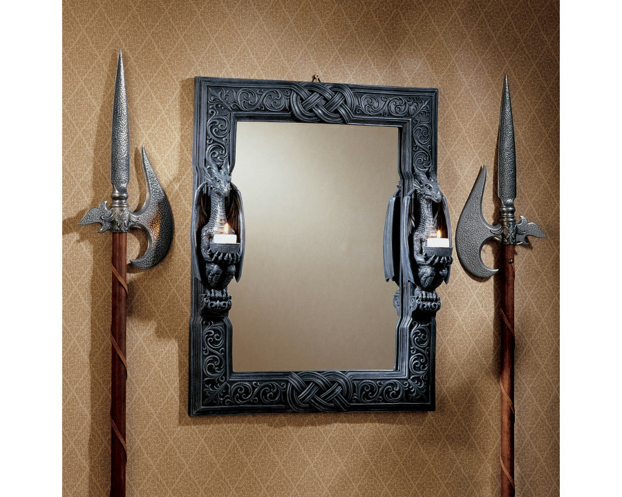 Toscano - Dragons Thorne Twin Sentinel Dragons Wall Mirror in Graystone, Designer Resin