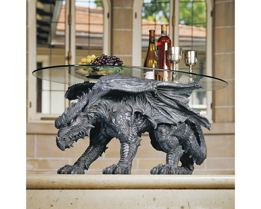 Toscano - Gothic Warwickshire Dragon Glass-Topped Sculptural Coffee Table in Greystone, Designer Resin