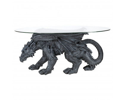 Toscano - Gothic Warwickshire Dragon Glass-Topped Sculptural Coffee Table in Greystone, Designer Resin