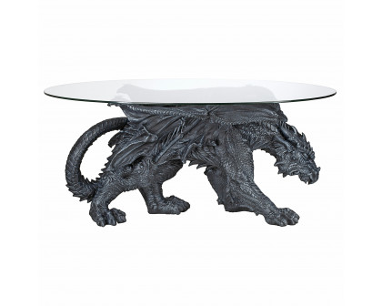 Toscano - Gothic Warwickshire Dragon Glass-Topped Sculptural Coffee Table in Greystone, Designer Resin