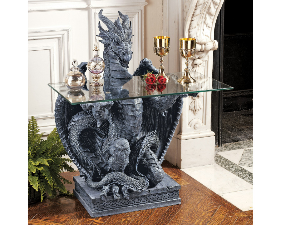 Toscano - The Subservient Dragon Sculptural Table in Greystone, Designer Resin