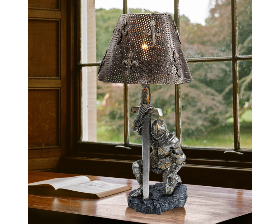 Toscano - At Battle End Sculptural Knight Lamp in Pewter, Designer Resin