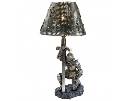 Toscano - At Battle End Sculptural Knight Lamp in Pewter, Designer Resin