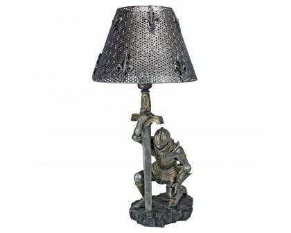 Toscano - At Battle End Sculptural Knight Lamp in Pewter, Designer Resin