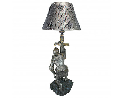 Toscano - At Battle End Sculptural Knight Lamp in Pewter, Designer Resin