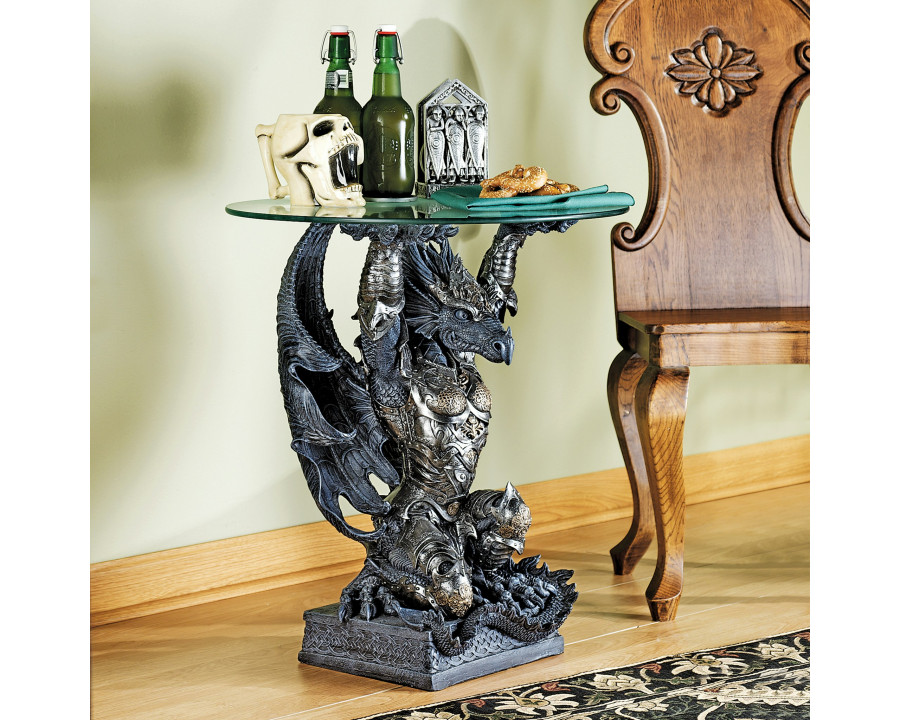 Toscano - Hastings the Gothic Warrior Dragon Sculptural Table in Graystone, Designer Resin