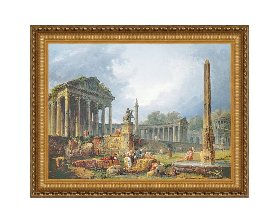 Toscano Architectural Capriccio with Obelisk Framed Canvas Replica Painting - Medium