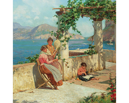 Toscano Figures on a Terrace in Capri Framed Canvas Replica Painting - Small