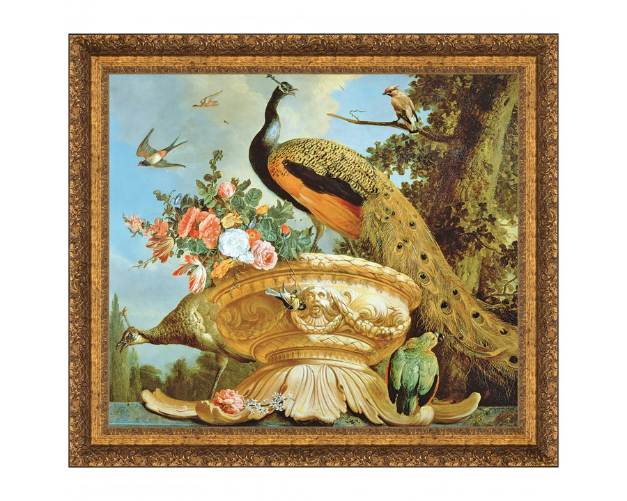 Toscano A Peacock on a Decorative Urn Framed Canvas Replica Painting - Small