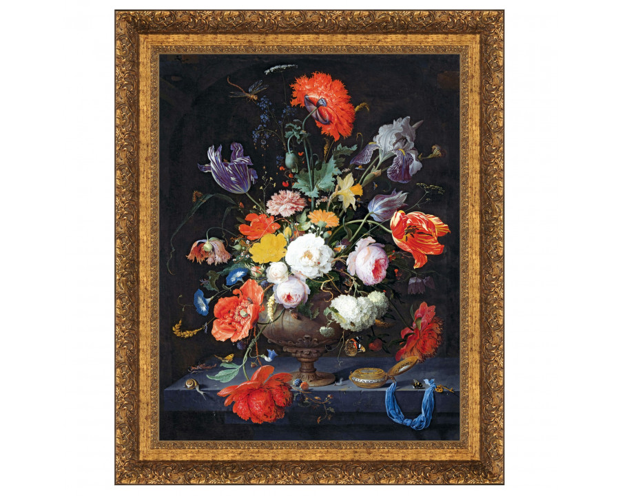 Toscano Still Life with Flowers and a Watch Framed Canvas Replica Painting - Small