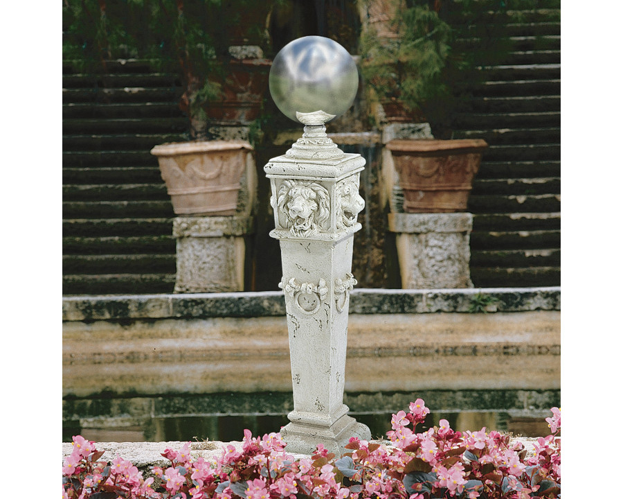 Toscano - Lion Head Metal Gazing Globe Garden Pillar Statue