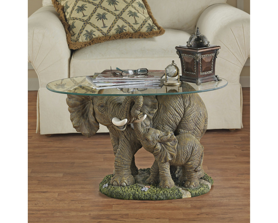 Toscano - Elephant Majesty Glass-Topped Sculptural Coffee Table in Designer Resin