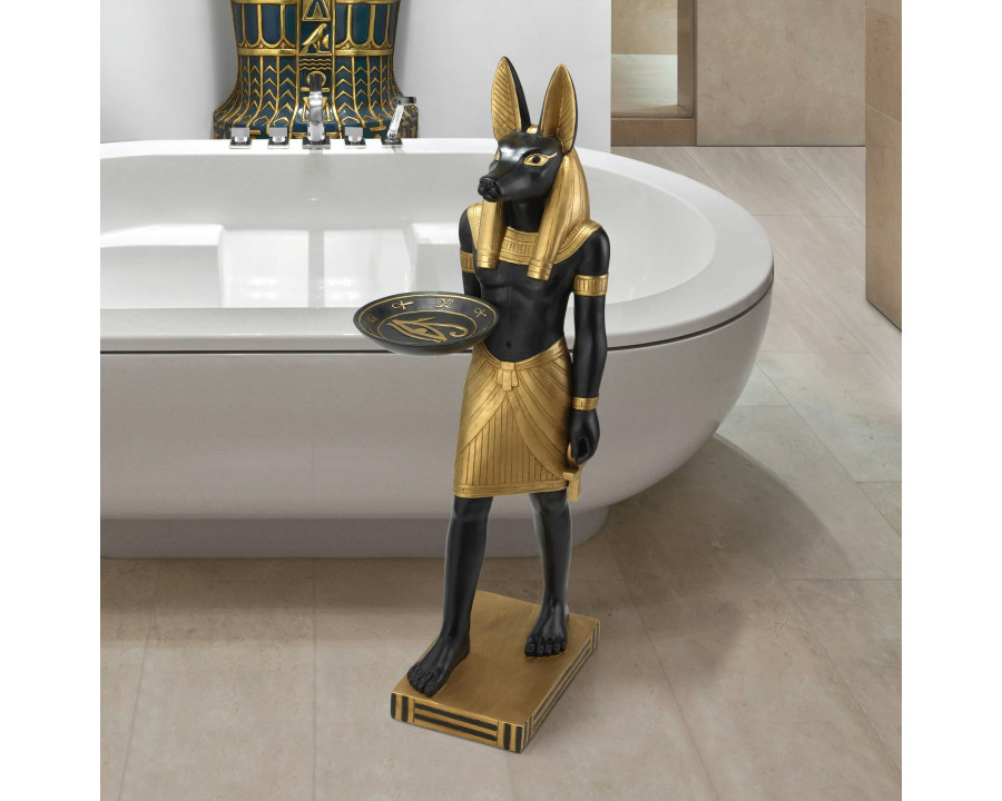 Toscano - Anubis Servant of the Egyptian Pharaohs Sculptural Pedestal Table in Black/Gold, Designer Resin