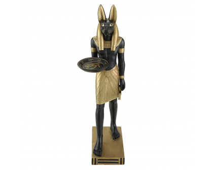 Toscano - Anubis Servant of the Egyptian Pharaohs Sculptural Pedestal Table in Black/Gold, Designer Resin