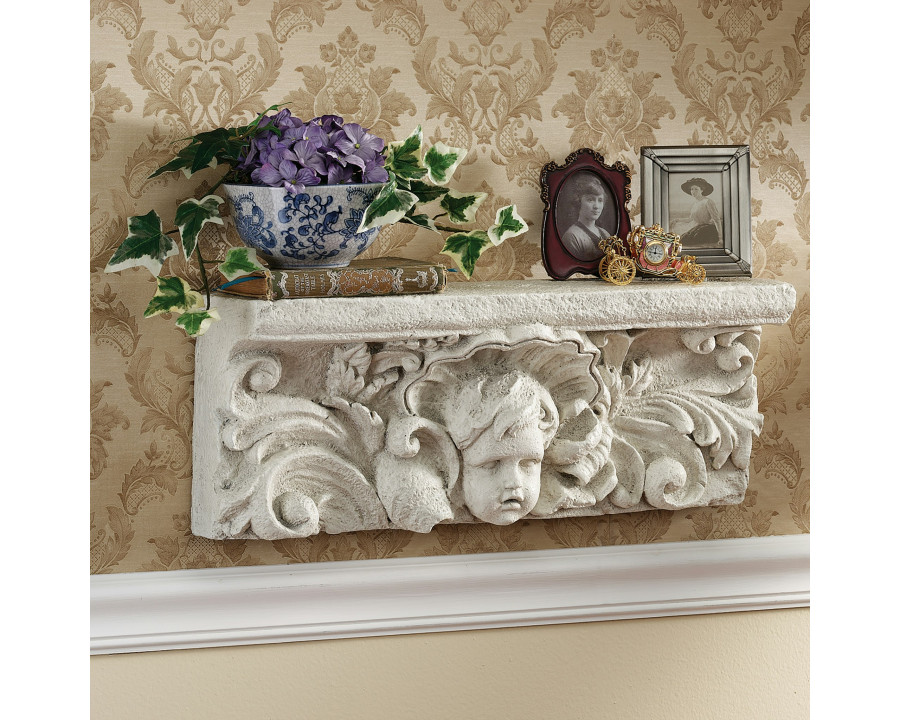 Toscano - Cathedral Cherub Sculptural Wall Shelf in Antique Stone, Designer Resin