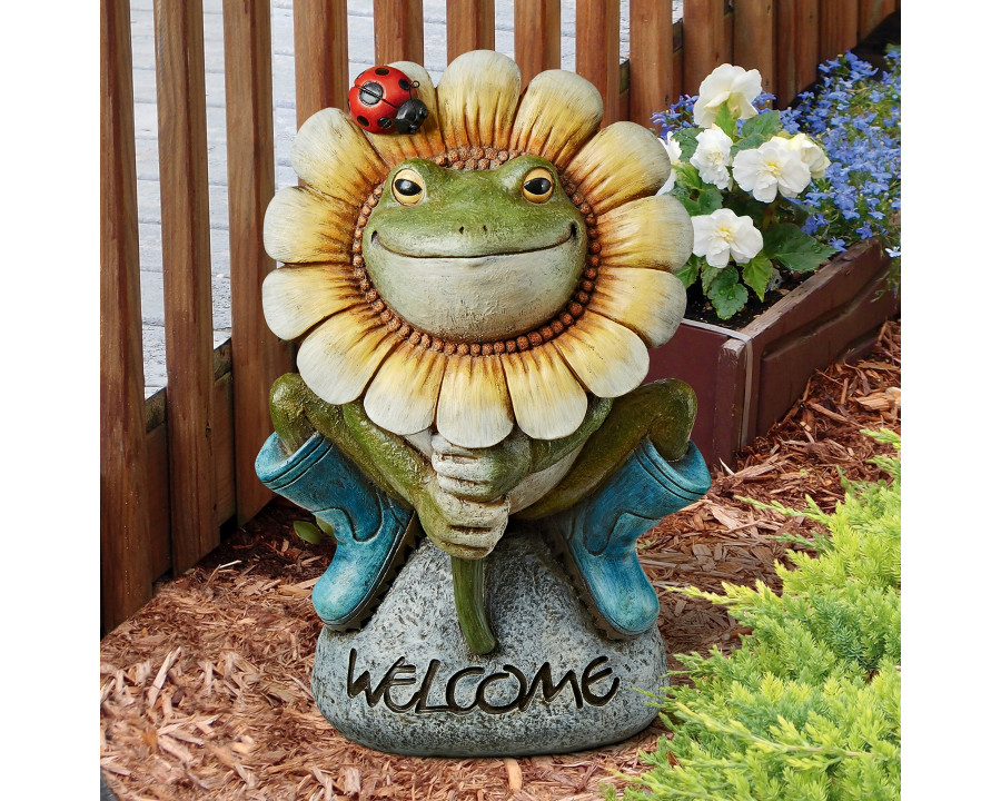 Toscano - Flowery Frog Garden Welcome Sign Statue