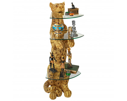 Toscano - Royal Egyptian Cheetah Sculptural Glass-Shelved Pedestal Table in Designer Resin