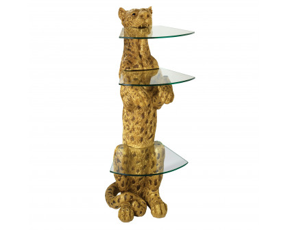 Toscano - Royal Egyptian Cheetah Sculptural Glass-Shelved Pedestal Table in Designer Resin