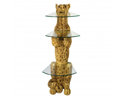 Toscano - Royal Egyptian Cheetah Sculptural Glass-Shelved Pedestal Table in Designer Resin