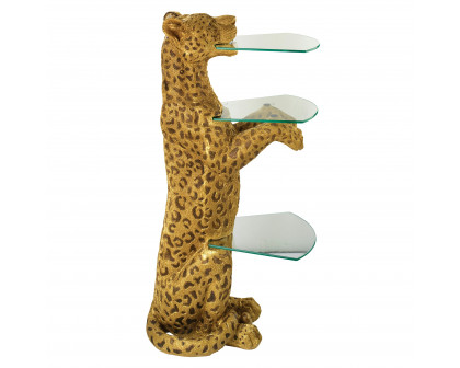 Toscano - Royal Egyptian Cheetah Sculptural Glass-Shelved Pedestal Table in Designer Resin