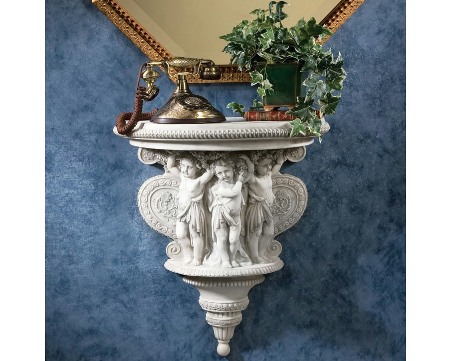 Toscano - Cherubs of the Wine Harvest Sculptural Wall Console Table in Antique Stone, Designer Resin