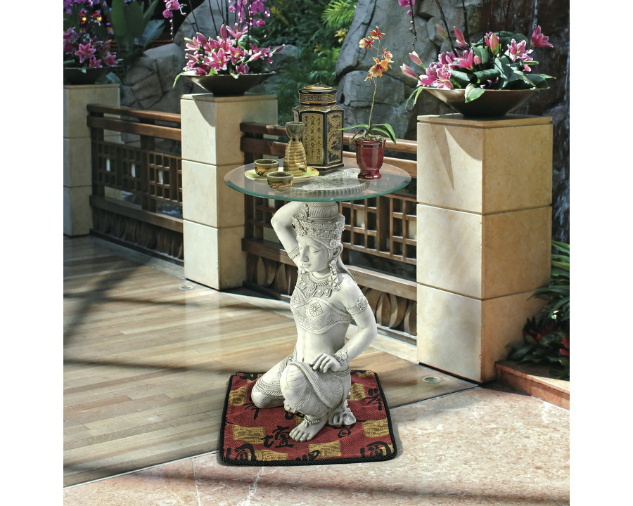 Toscano - Asian Thai Teppanom Glass-Topped End Table in Antique Stone, Designer Resin