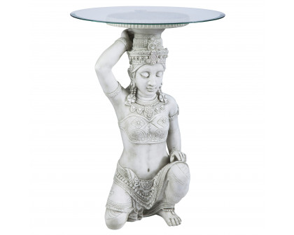 Toscano - Asian Thai Teppanom Glass-Topped End Table in Antique Stone, Designer Resin