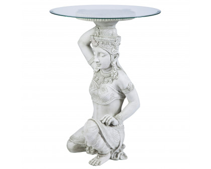 Toscano - Asian Thai Teppanom Glass-Topped End Table in Antique Stone, Designer Resin