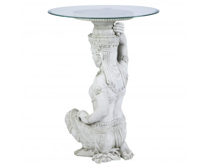 Toscano - Asian Thai Teppanom Glass-Topped End Table in Antique Stone, Designer Resin