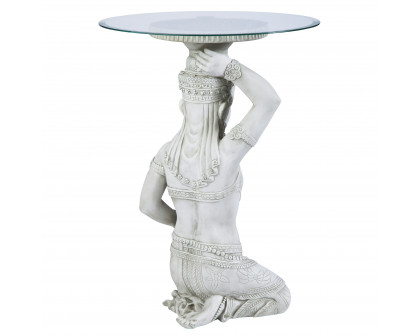 Toscano - Asian Thai Teppanom Glass-Topped End Table in Antique Stone, Designer Resin