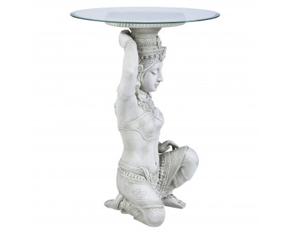 Toscano - Asian Thai Teppanom Glass-Topped End Table in Antique Stone, Designer Resin