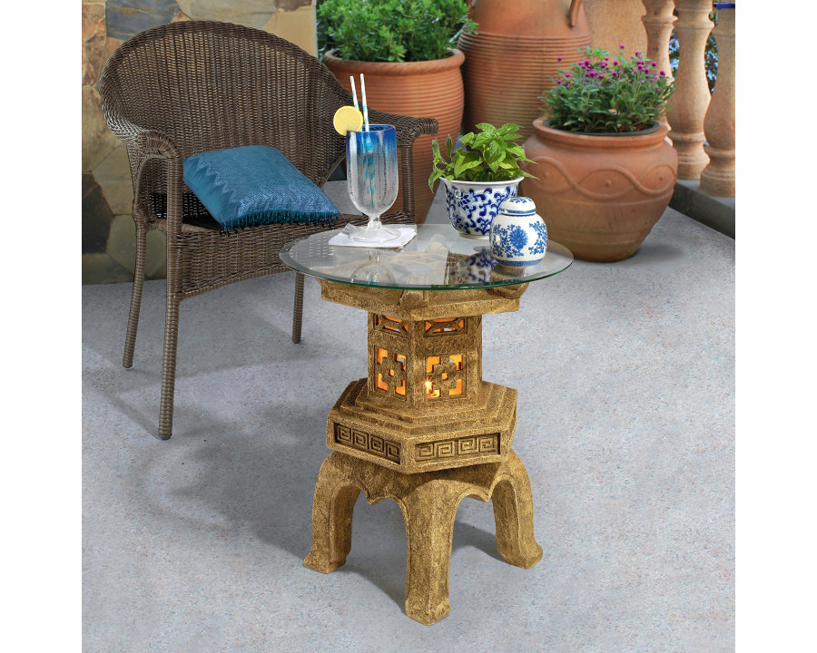 Toscano - Tranquil Pagoda Illuminated Sculptural Table in Sandstone, Designer Resin