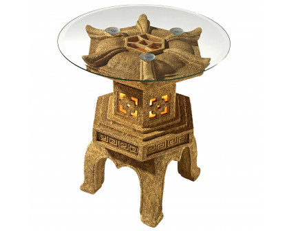 Toscano - Tranquil Pagoda Illuminated Sculptural Table in Sandstone, Designer Resin