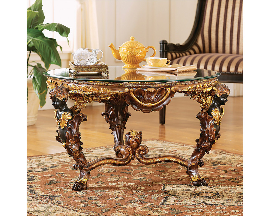 Toscano - Louis XIV Glass-Topped Coffee Table in Woodtone, Designer Resin