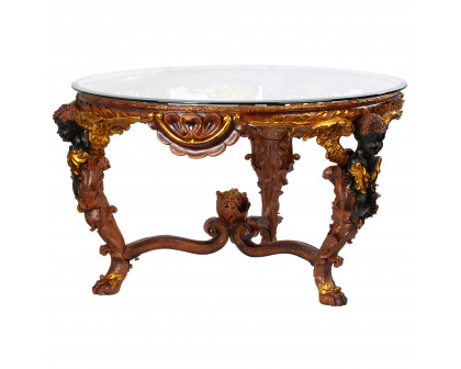 Toscano - Louis XIV Glass-Topped Coffee Table in Woodtone, Designer Resin