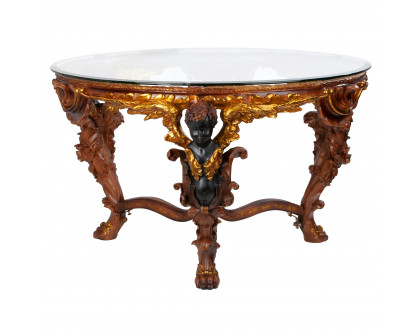 Toscano - Louis XIV Glass-Topped Coffee Table in Woodtone, Designer Resin