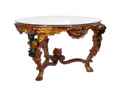 Toscano - Louis XIV Glass-Topped Coffee Table in Woodtone, Designer Resin