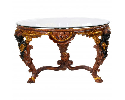 Toscano - Louis XIV Glass-Topped Coffee Table in Woodtone, Designer Resin