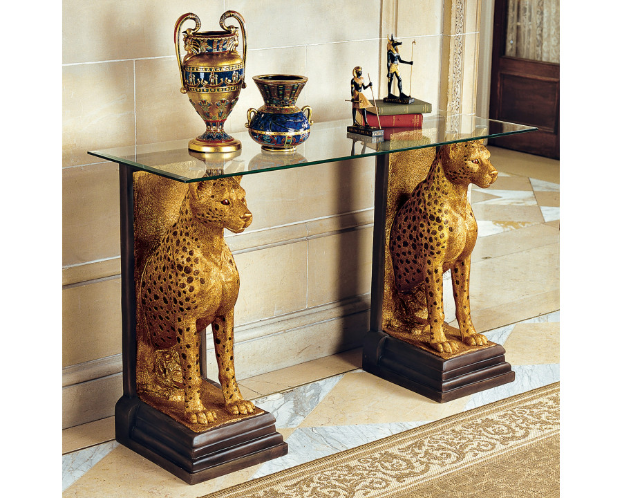 Toscano - Royal Egyptian Cheetahs Sculptural Glass-Topped Console in Designer Resin