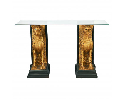 Toscano - Royal Egyptian Cheetahs Sculptural Glass-Topped Console in Designer Resin