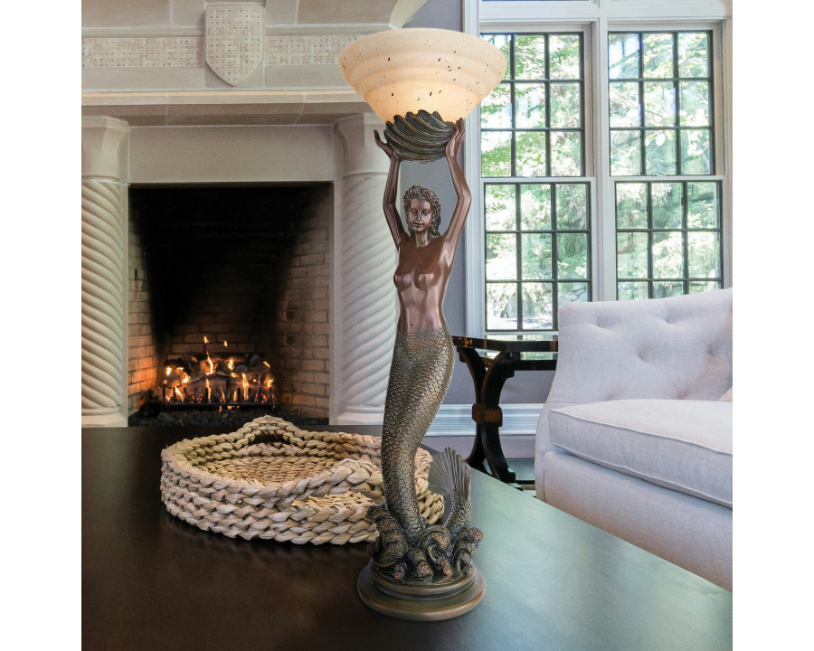 Toscano - The Goddess Offering Mermaid Sculptural Table Lamp in Verdigris, Designer Resin