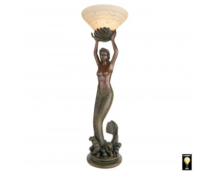 Toscano - The Goddess Offering Mermaid Sculptural Table Lamp in Verdigris, Designer Resin